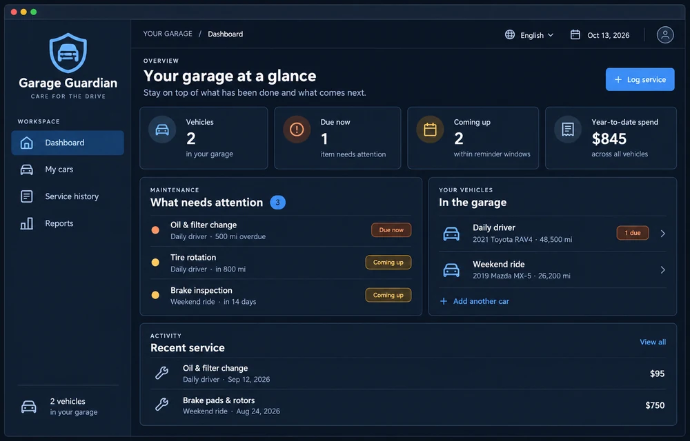 Garage Guardian dashboard with vehicles, maintenance reminders, and recent service