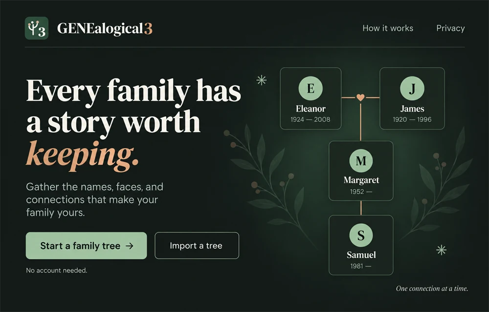 GENEalogical3 homepage with a visual family tree